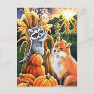 Carte Postale Récolte d'automne Maïs Renard Rouge Raton laveur A