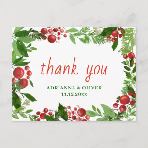 Carte Postale Red Berry Holly Feuille Merci Mariage de Noël 