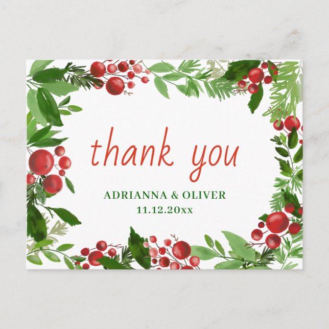 Carte Postale Red Berry Holly Feuille Merci Mariage de Noël  (Devant)