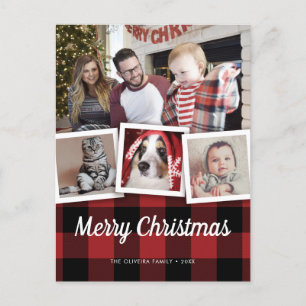 Carte Postale Red Buffalo Plaid 4 Photo Collage Joyeux Chrismtas