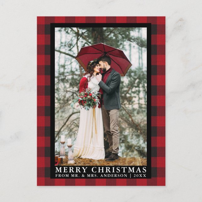 Carte Postale Red Buffalo Plaid Mariage Photo Joyeux Noël (Devant)