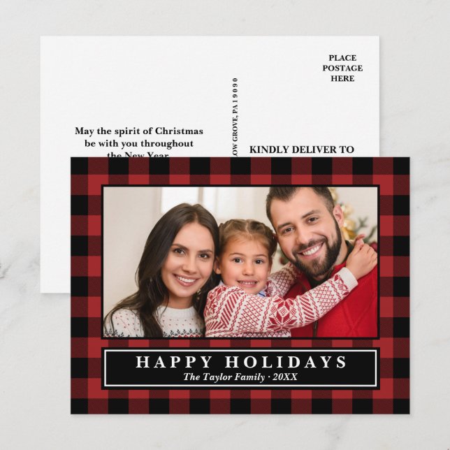 Carte Postale Red Buffalo Plaid Photo Holiday (Devant / Derrière)