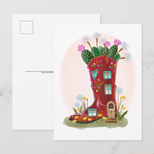 Carte postale Red Cowboy Boot and Cactus (Devant / Derrière)