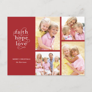 Carte Postale Red Faith Hope Love 4-Photo Typographie Noël