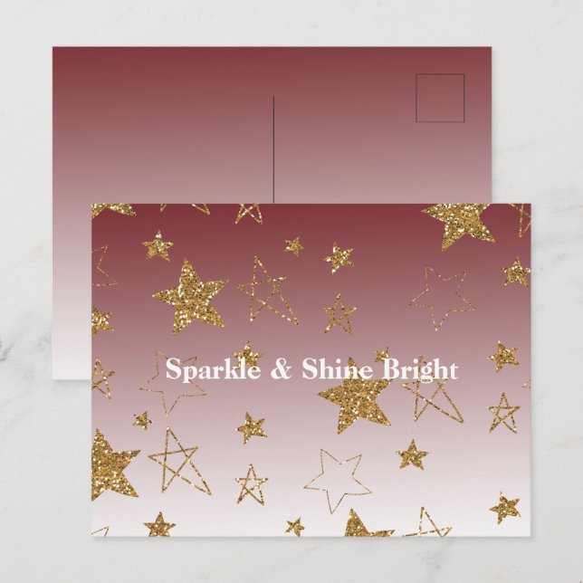 Carte Postale Red Gold Parties scintillant Stars Noël (Devant / Derrière)