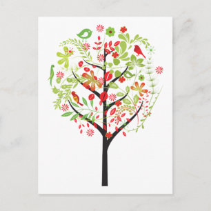 Carte postale Red green tree and cute birds