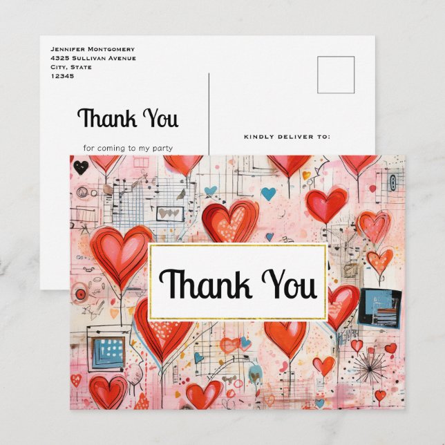 Carte Postale Red Hearts Whimsical Love Motif Merci (Devant / Derrière)