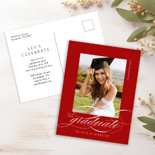 Carte Postale Red Modern Elegant Script Photo Graduation Party