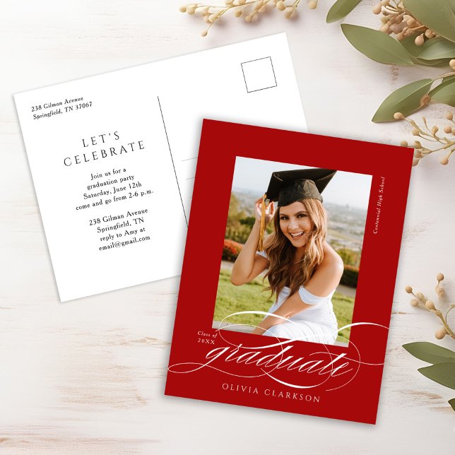 Carte Postale Red Modern Elegant Script Photo Graduation Party (Créateur téléchargé)