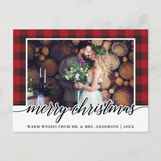 Carte Postale Red Plaid Calligraphie Mariage Joyeux Noël (Devant)