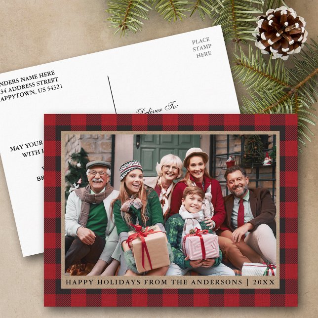 Carte Postale Red Plaid Kraft Famille Photo Joyeuses Fêtes (Customize to change text size or text style.)