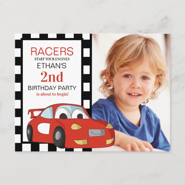 Carte Postale Red Race Car Black White À damiers 2e anniversaire (Devant)