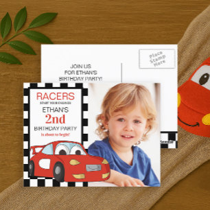 Carte Postale Red Race Car Black White À damiers 2e anniversaire