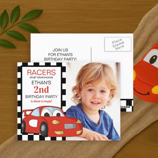 Carte Postale Red Race Car Black White À damiers 2e anniversaire (Red race car child's birthday party photo postcard invitation)