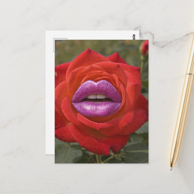 Carte Postale Red Rose with Pink Lips Collage (Devant/Arrière en situation)
