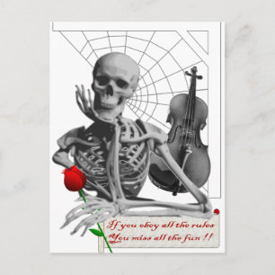 Carte Postale Règle Breaking Skeleton avec Rose et Violon.