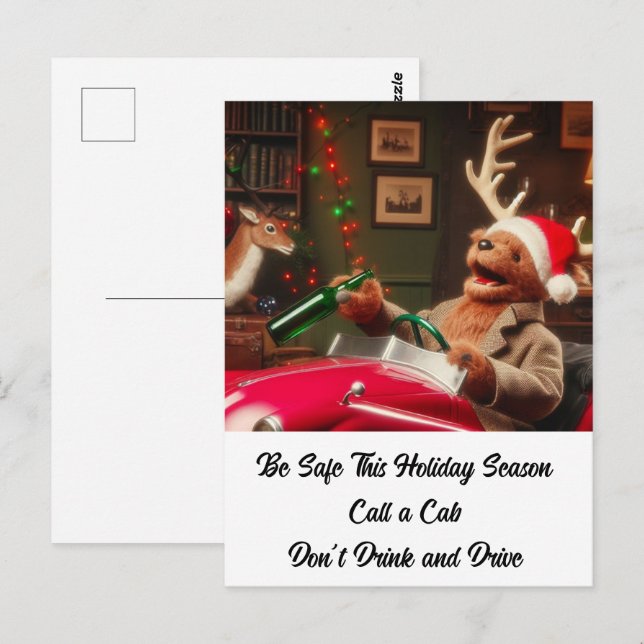Carte Postale Reindeer Drunk Plush Ne buvez pas et ne conduisez  (Devant / Derrière)
