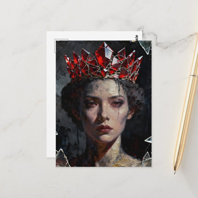 Carte Postale Reine avec couronne en verre rouge cassé (Devant/Arrière en situation)