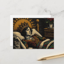 Reine de la gravure sur bois et son chat au lit