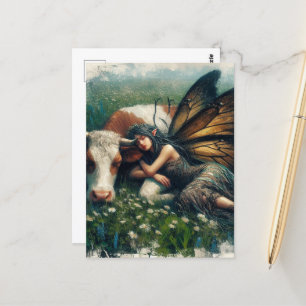 Carte Postale Reine des fées Dormir sur sa vache à pois