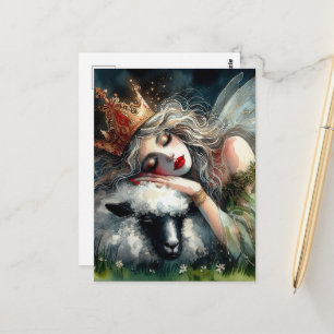 Carte Postale Reine fée endormie sur son mouton de compagnie