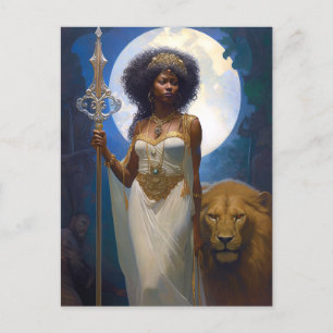 Carte Postale Reine noire avec Imaginaire Lion Art