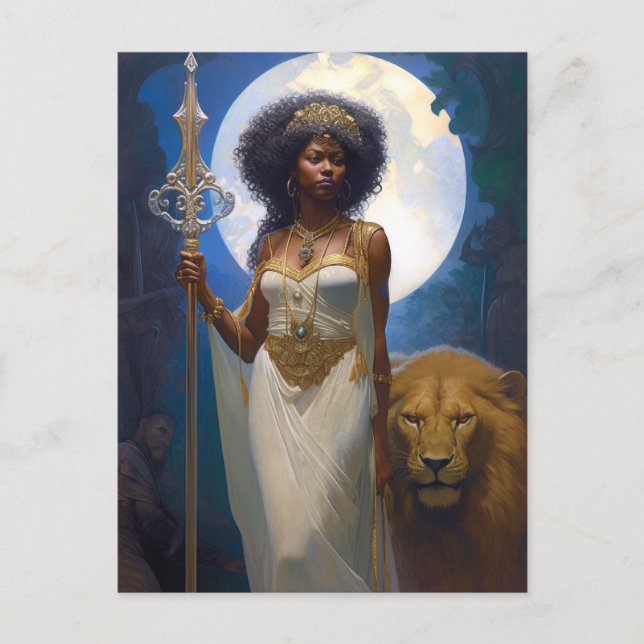 Carte Postale Reine noire avec Imaginaire Lion Art (Devant)