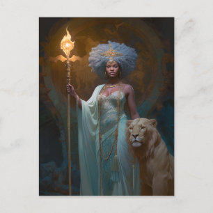 Carte Postale Reine noire avec Imaginaire Lion Art