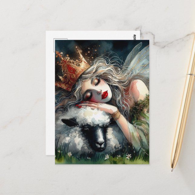 Carte Postale Reine poilue endormie sur son animal de compagnie (Devant/Arrière en situation)