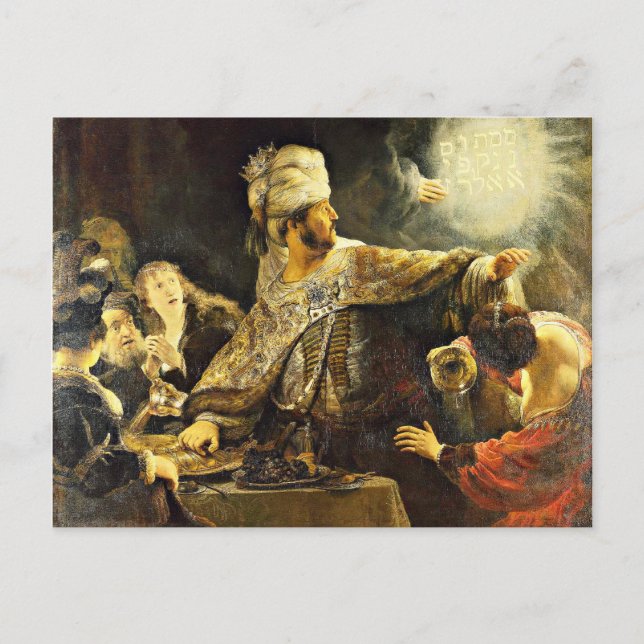 Carte Postale Rembrandt - Fête de Belshazzar, peinture religieus (Devant)