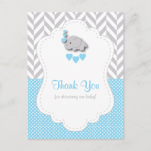 Carte Postale Remerciement Baby Shower Éléphant Bleu, Blanc, Gri