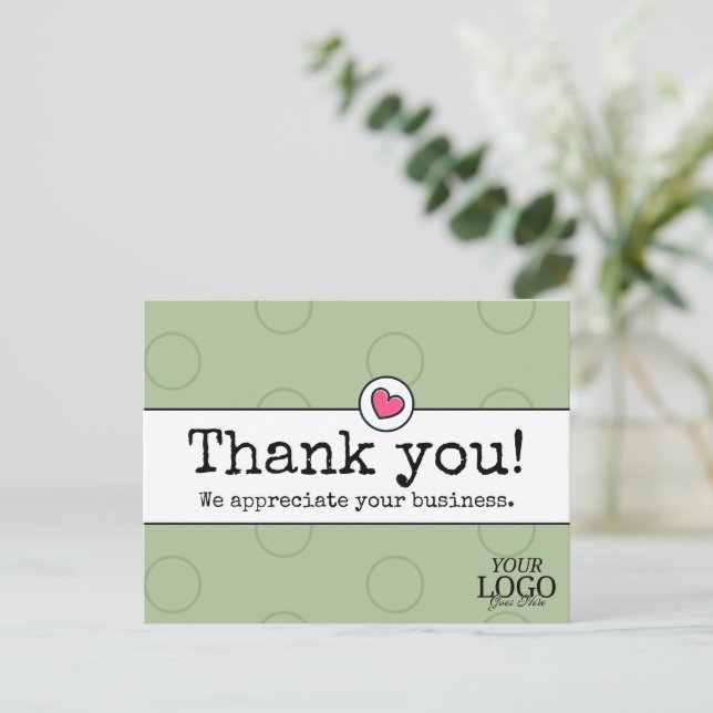 Carte Postale Remerciement Commercial Avec Coeur Vert Sauge Élég (Debout devant)