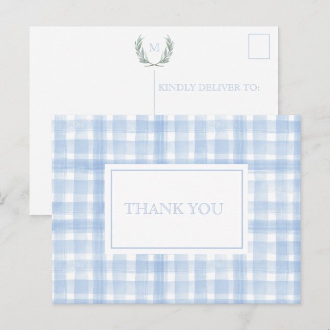 Carte Postale Remerciement Couronne de Laurier Gingham Bleu (Devant / Derrière)