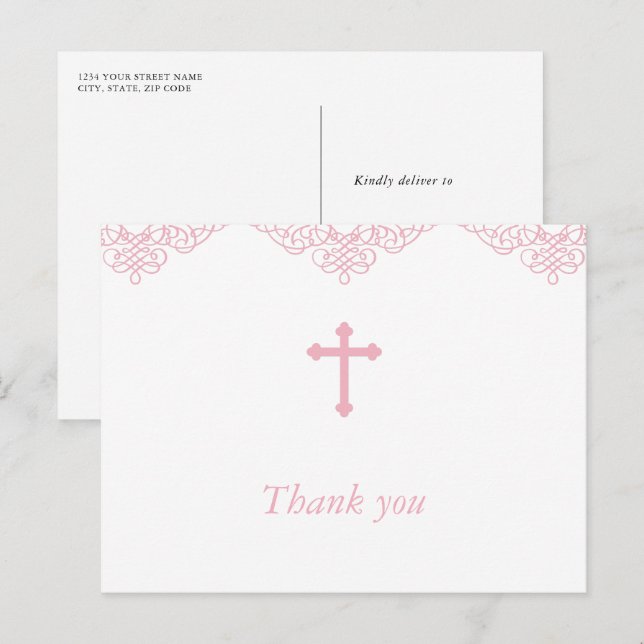 Carte Postale Remerciement de baptême pour filles rose (Devant / Derrière)
