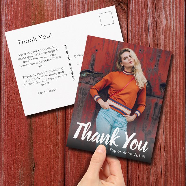 Carte Postale Remerciement de fin d'études en écriture blanche m (Thank you graduation postcards with your photo on the front and message on the back)