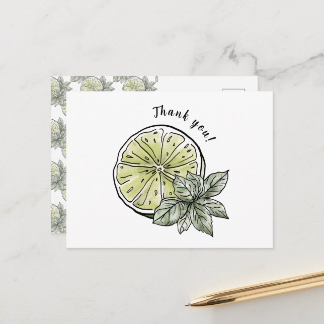 Carte Postale Remerciement de fruit de citron vert à l'aquarelle (Devant/Arrière en situation)