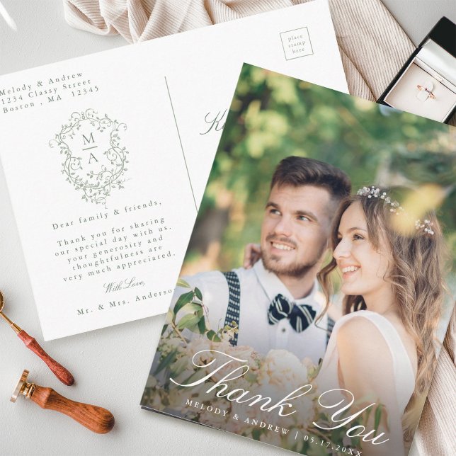Carte Postale Remerciement de mariage à crête florale verte saug (Front & Back)