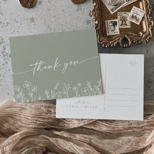 Carte Postale Remerciement de mariage à la fleur sauvage verte d