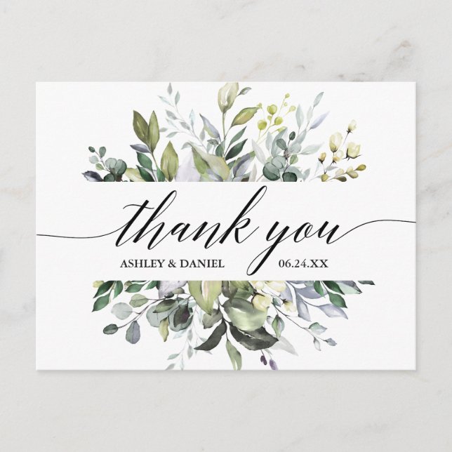 Carte Postale Remerciement de mariage à l'aquarelle et calligrap (Devant)