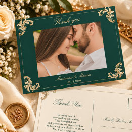 Carte Postale Remerciement de mariage baroque or et vert émeraud