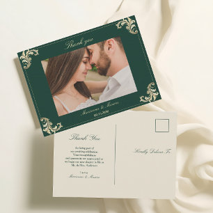 Carte Postale Remerciement de mariage baroque or vert émeraude