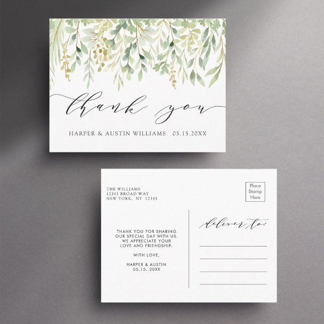 Carte Postale Remerciement de mariage botanique à feuillage vert (Front & Back)