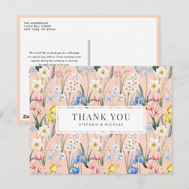 Carte Postale Remerciement de mariage botanique Fleurs de printe (Devant / Derrière)