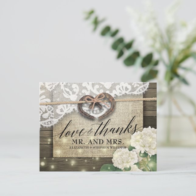 Carte Postale Remerciement de mariage de campagne en bois de fer (Debout devant)