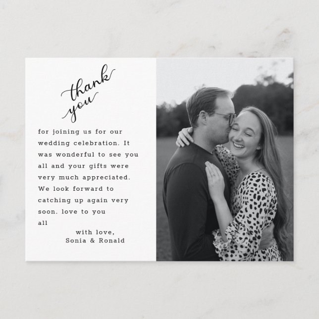 Carte Postale Remerciement de mariage élégant avec photo et lett (Devant)