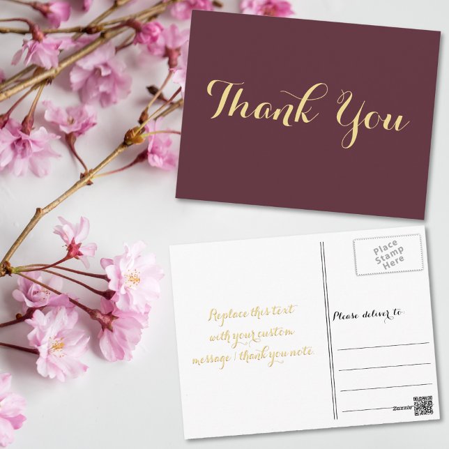 Carte Postale Remerciement de mariage élégant en écriture dorée  (Elegant Burgundy Gold Script Wedding Thank You Postcard)