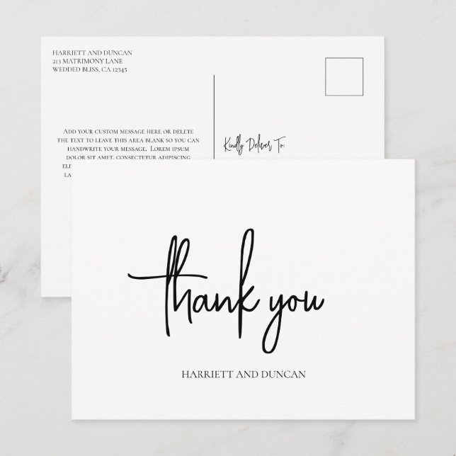 Carte Postale Remerciement de mariage élégant en noir et blanc i (Devant / Derrière)