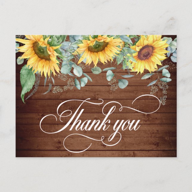 Carte Postale Remerciement de mariage élégant tournesols bois ru (Devant)