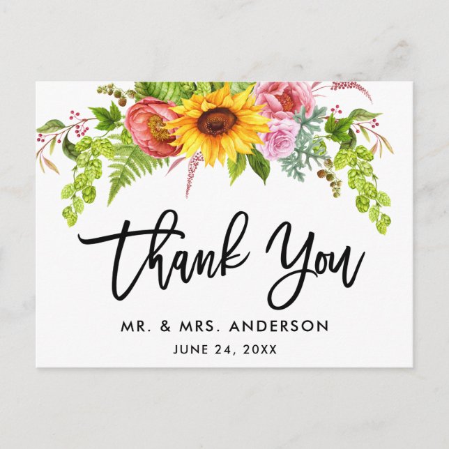 Carte Postale Remerciement de mariage floral au tournesol en écr (Devant)