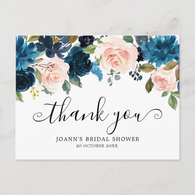Carte Postale Remerciement de mariage floral bleu marine botaniq (Devant)